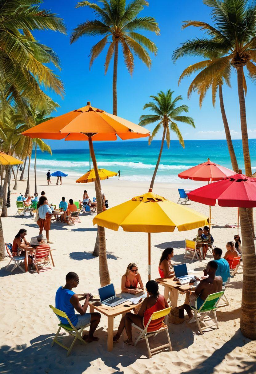 A sunny beach scene with diverse individuals dressed in stylish beach fashion, actively engaging in a job search, surrounded by vibrant palm trees and colorful beach umbrellas. Include elements like laptops, resumes, and networking discussions among friends. The atmosphere should feel energetic and inspiring, showcasing a blend of professionalism and laid-back beach culture. tropical vibes. bright colors. super-realistic.