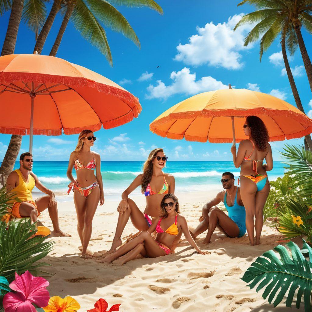 A glamorous beach scene featuring a diverse group of confident individuals wearing stylish swimsuits while engaging in different beachwear industry professions, like design, marketing, and merchandising. Include elements like vibrant beach umbrellas, tropical plants, and a sun-soaked shoreline to symbolize creativity and success in the industry. Incorporate motivational quotes subtly in the background. super-realistic. vibrant colors. bright blue sky.